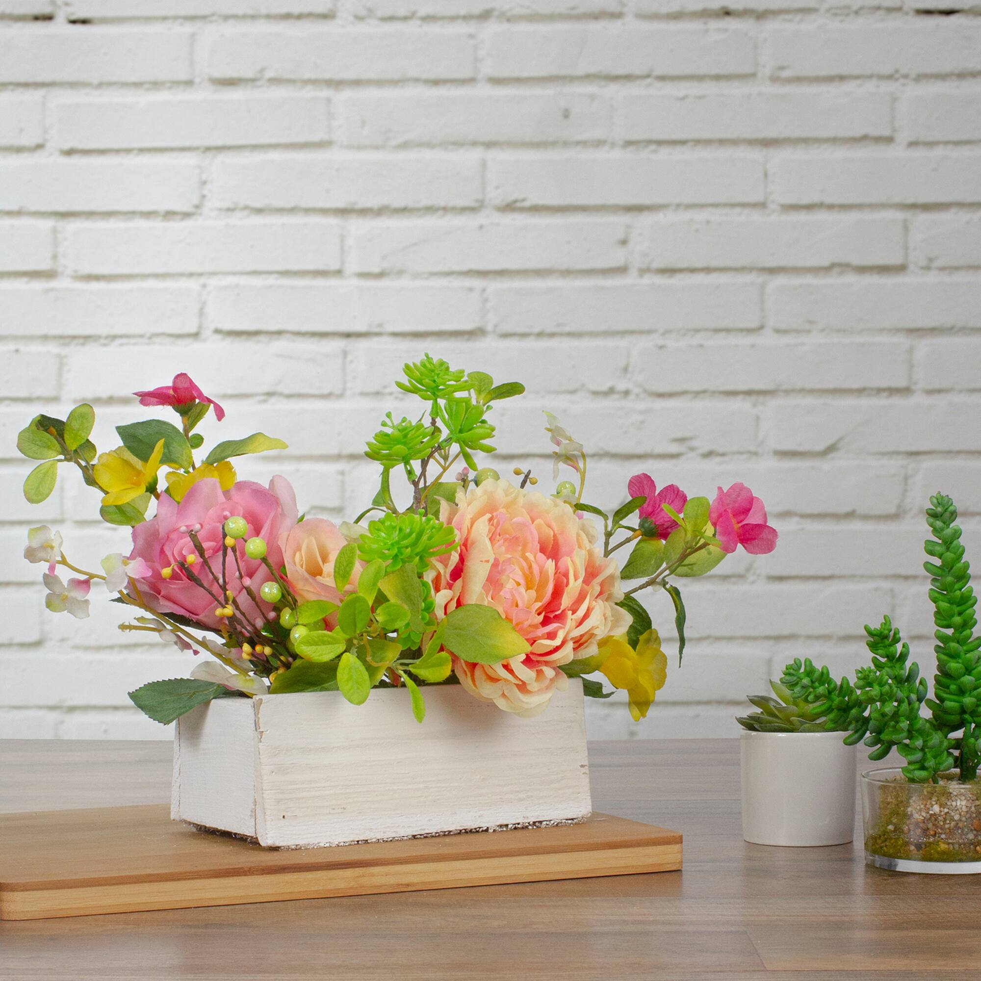 14'' Pink and Yellow Artificial Roses and Peony Floral Arrangement in Planter